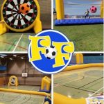 A collage showing inflating football items including a goal and pitch